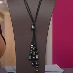 Rarities Baroque Pearl Y-Drop 32" Suede Necklace Black/Peacock NWT